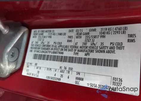2015 Ford Escape Se z USA, uszkodzony, nr VIN 1FMCU9GX7FUB87596
